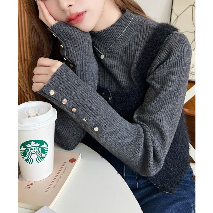 袖口ボタンボトルネックリブニットプルオーバー12G | moment+ | 詳細画像83 