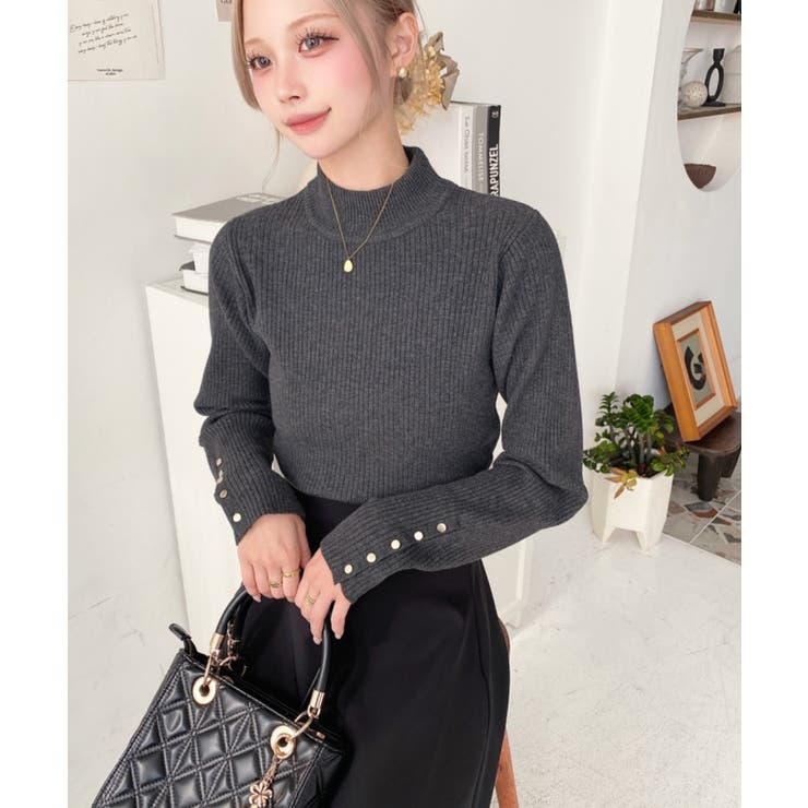 袖口ボタンボトルネックリブニットプルオーバー12G | moment+ | 詳細画像85 