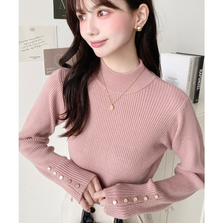 ピンクベージュ | 袖口ボタンボトルネックリブニットプルオーバー12G | moment+