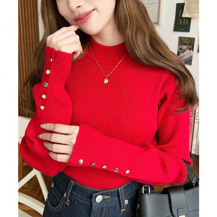 レッド | 袖口ボタンボトルネックリブニットプルオーバー12G | moment+