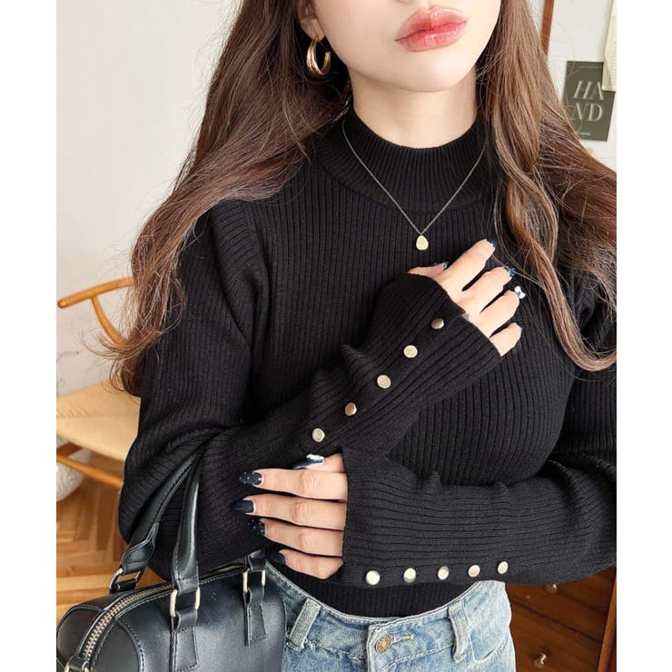 ブラック | 袖口ボタンボトルネックリブニットプルオーバー12G | moment+
