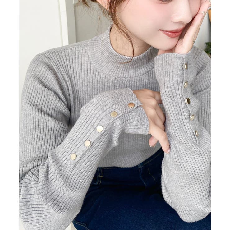 杢グレー | 袖口ボタンボトルネックリブニットプルオーバー12G | moment+