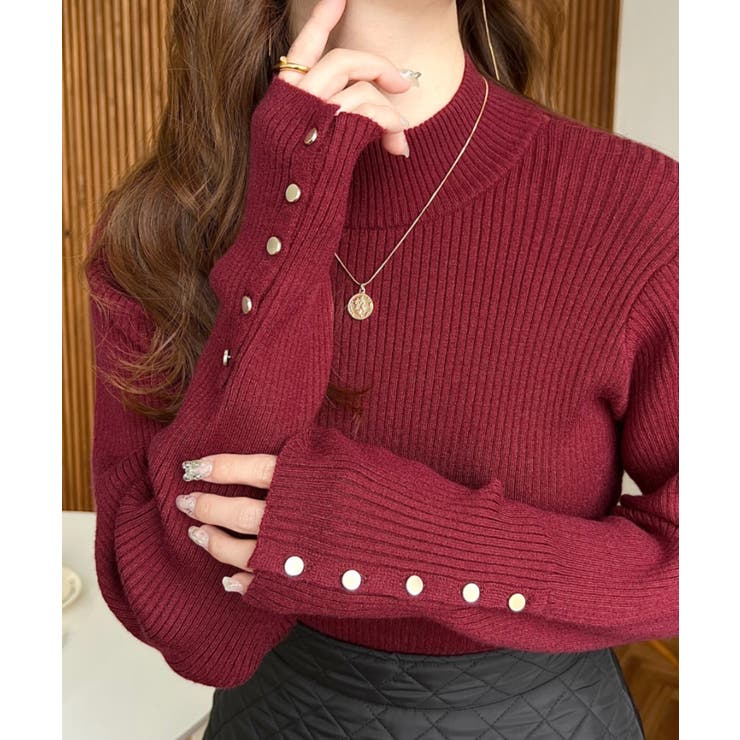 ボルドー | 袖口ボタンボトルネックリブニットプルオーバー12G | moment+