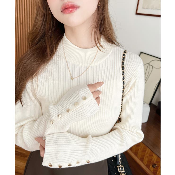 アイボリー | 袖口ボタンボトルネックリブニットプルオーバー12G | moment+