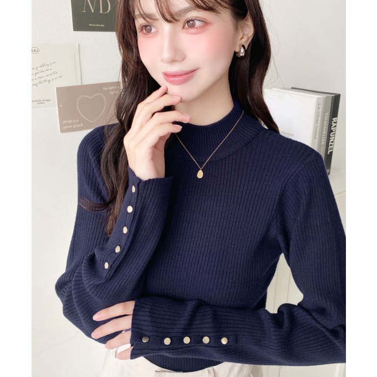 ネイビー | 袖口ボタンボトルネックリブニットプルオーバー12G | moment+