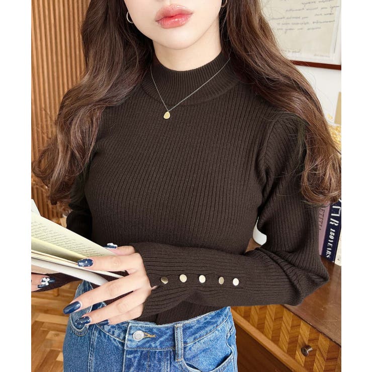 ブラウン | 袖口ボタンボトルネックリブニットプルオーバー12G | moment+