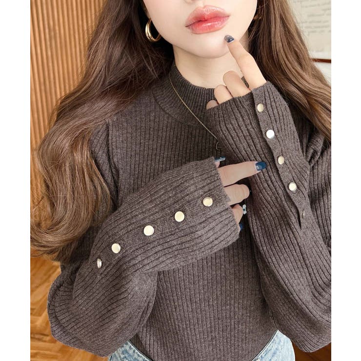 ブラウン系その他 | 袖口ボタンボトルネックリブニットプルオーバー12G | moment+