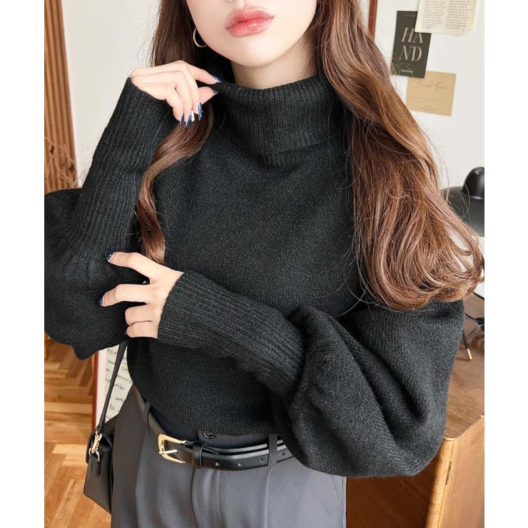 ブラック | ハイネックモチモチニットプルオーバー | moment+