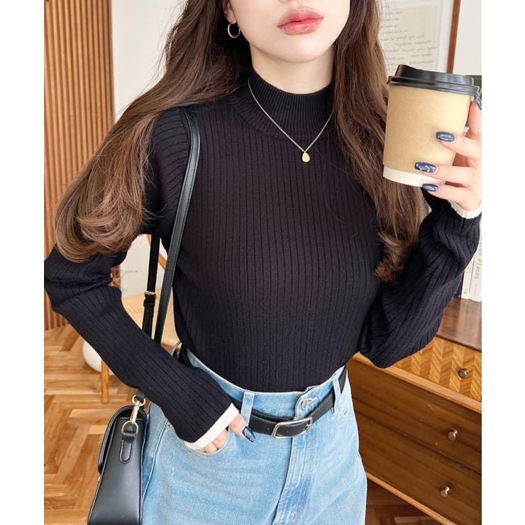 ボトルネック配色ラインワイドリブニットプルオーバー12G | moment+ | 詳細画像15 