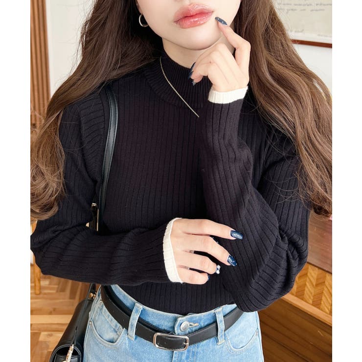 ボトルネック配色ラインワイドリブニットプルオーバー12G | moment+ | 詳細画像16 