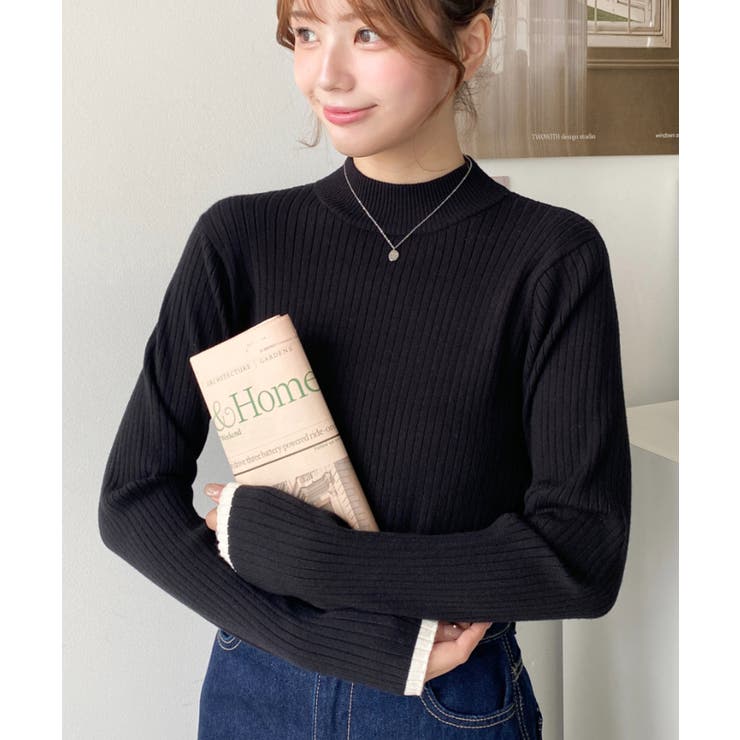 ボトルネック配色ラインワイドリブニットプルオーバー12G | moment+ | 詳細画像18 