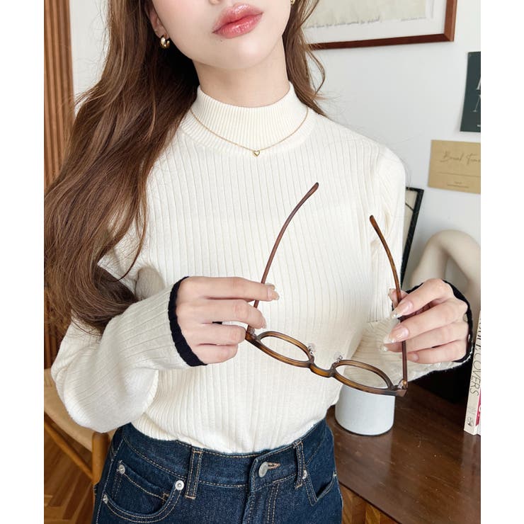 ボトルネック配色ラインワイドリブニットプルオーバー12G | moment+ | 詳細画像2 