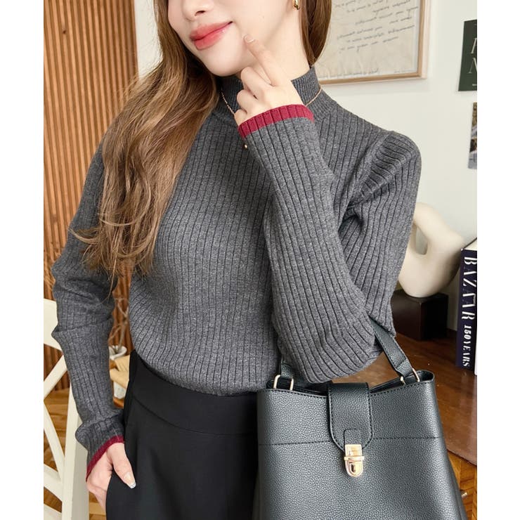 ボトルネック配色ラインワイドリブニットプルオーバー12G | moment+ | 詳細画像24 