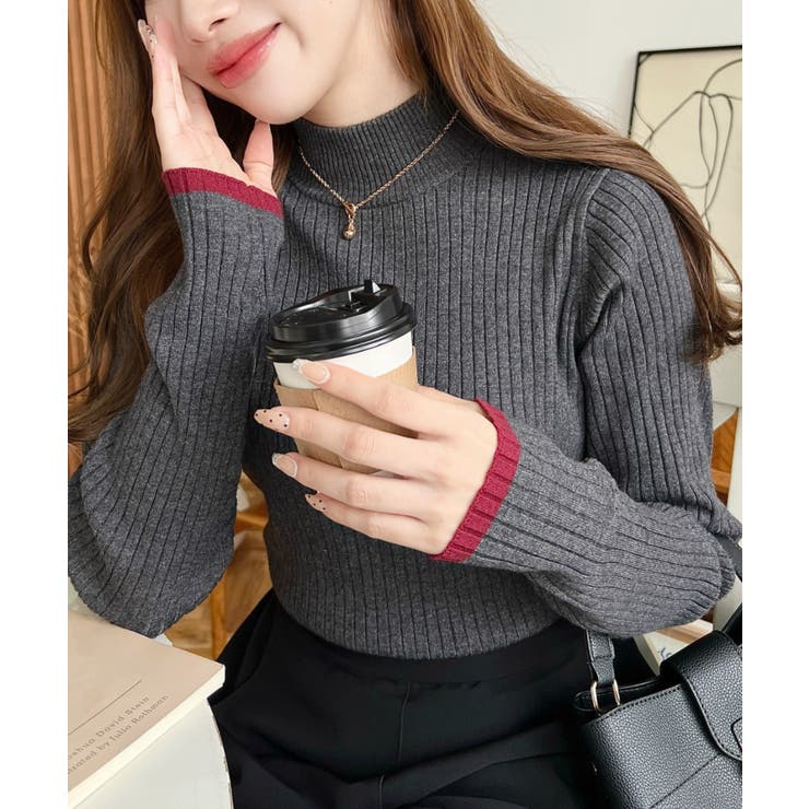 ボトルネック配色ラインワイドリブニットプルオーバー12G | moment+ | 詳細画像26 