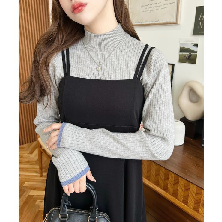 ボトルネック配色ラインワイドリブニットプルオーバー12G[品番