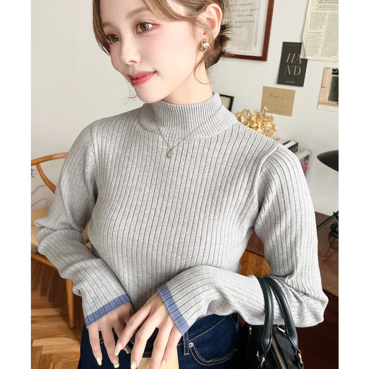 ボトルネック配色ラインワイドリブニットプルオーバー12G | moment+ | 詳細画像36 