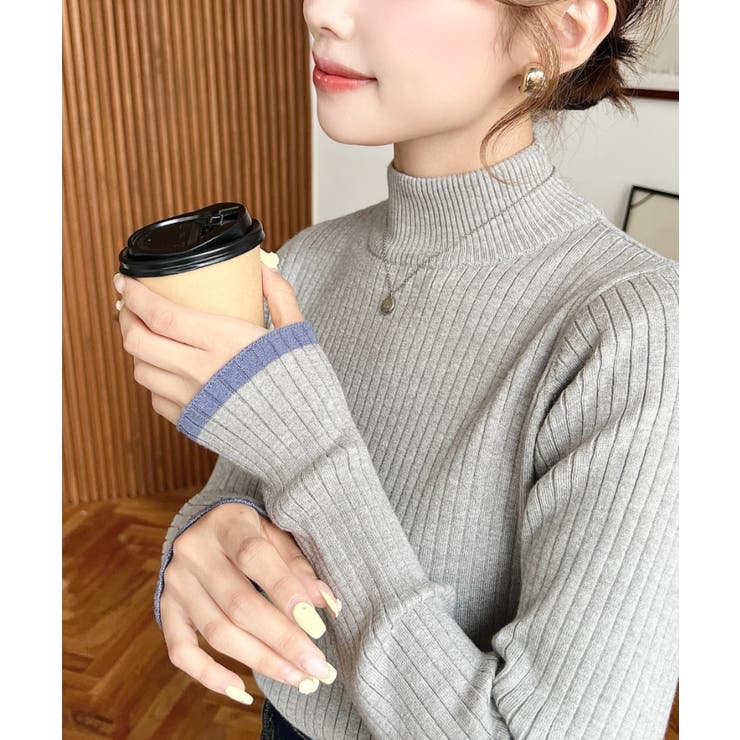 ボトルネック配色ラインワイドリブニットプルオーバー12G | moment+ | 詳細画像39 