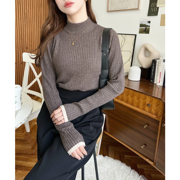 ボトルネック配色ラインワイドリブニットプルオーバー12G | moment+ | 詳細画像44 