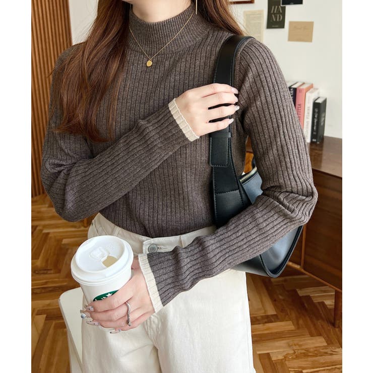 ボトルネック配色ラインワイドリブニットプルオーバー12G | moment+ | 詳細画像48 