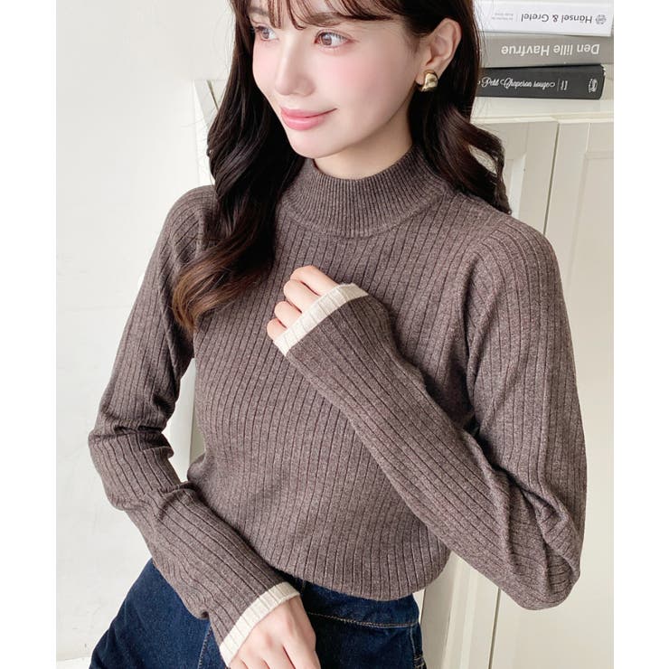 ボトルネック配色ラインワイドリブニットプルオーバー12G | moment+ | 詳細画像49 