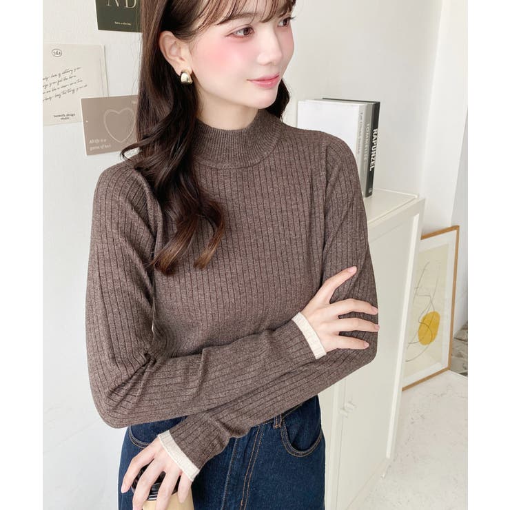 ボトルネック配色ラインワイドリブニットプルオーバー12G | moment+ | 詳細画像50 