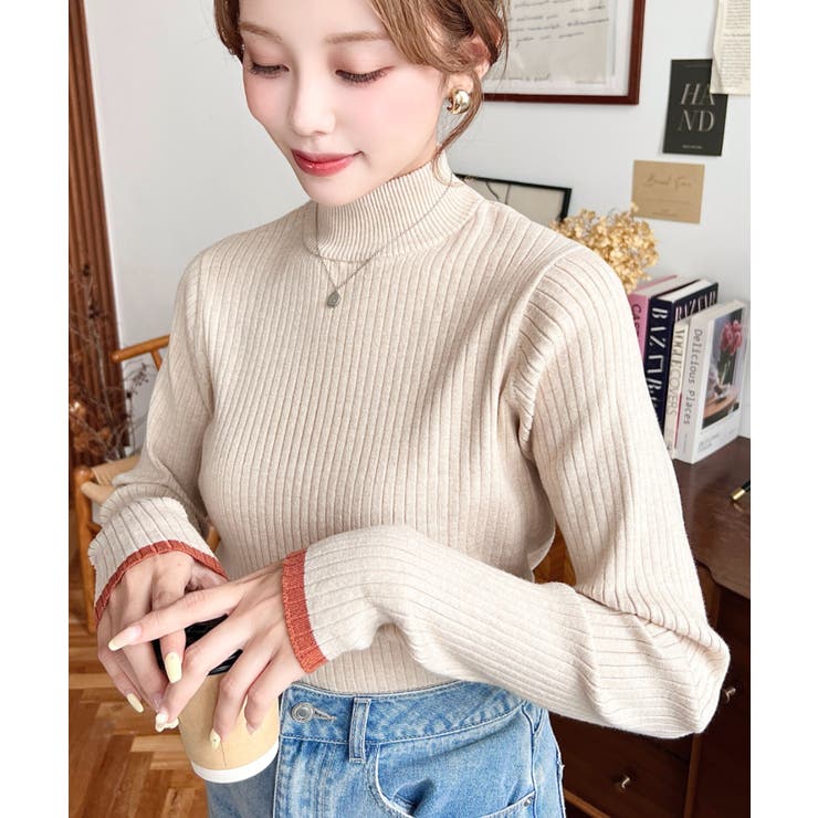 ボトルネック配色ラインワイドリブニットプルオーバー12G | moment+ | 詳細画像52 