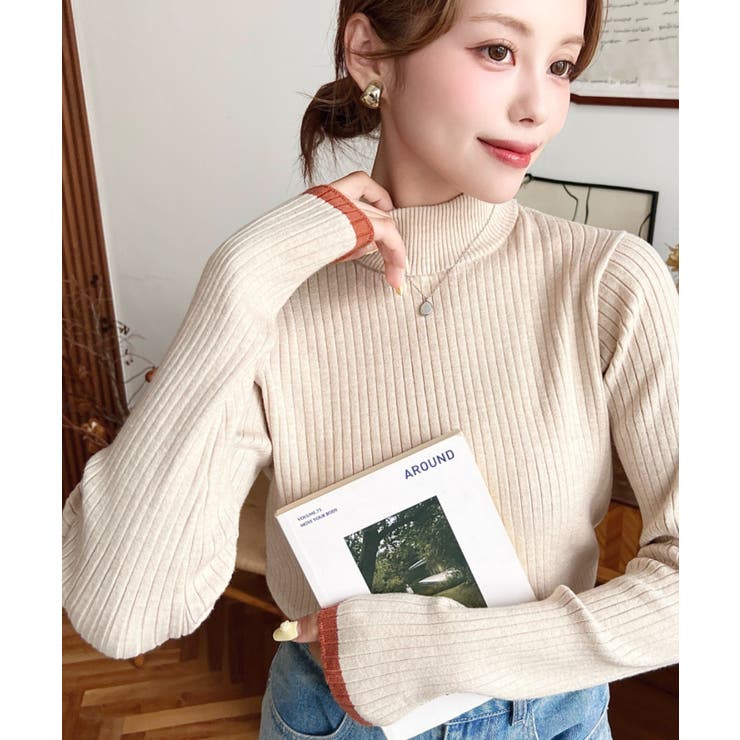 ボトルネック配色ラインワイドリブニットプルオーバー12G | moment+ | 詳細画像53 