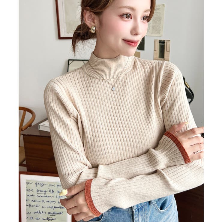 ボトルネック配色ラインワイドリブニットプルオーバー12G | moment+ | 詳細画像55 