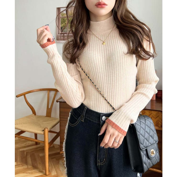 ボトルネック配色ラインワイドリブニットプルオーバー12G | moment+ | 詳細画像58 