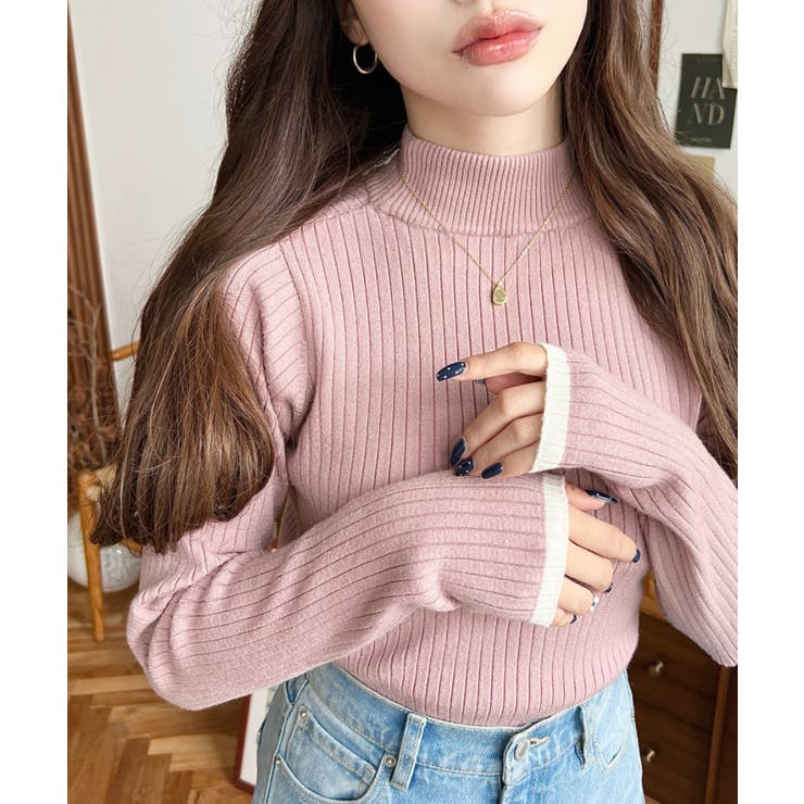 ボトルネック配色ラインワイドリブニットプルオーバー12G | moment+ | 詳細画像68 