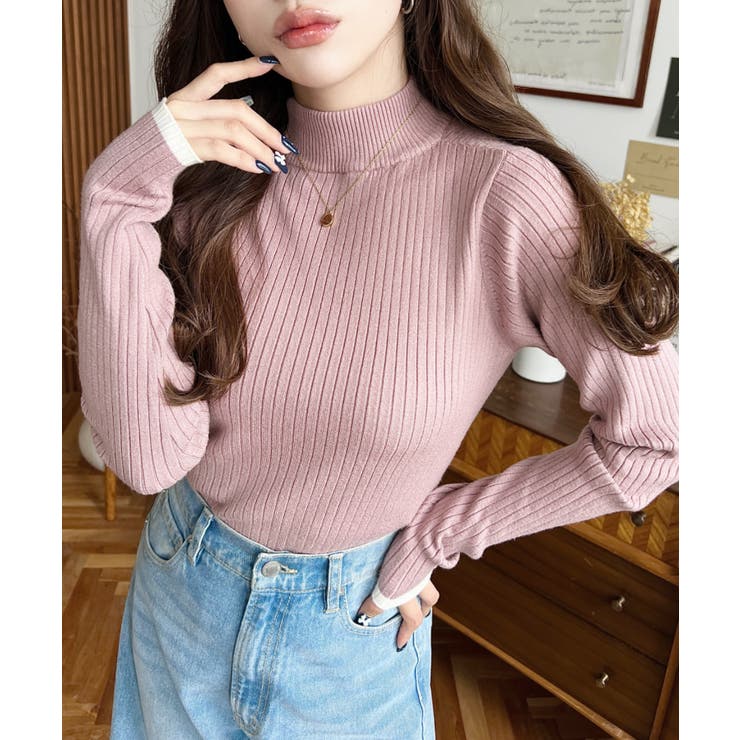 ボトルネック配色ラインワイドリブニットプルオーバー12G | moment+ | 詳細画像69 