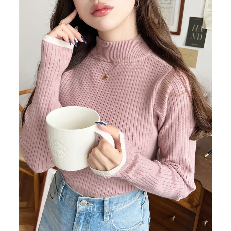 ボトルネック配色ラインワイドリブニットプルオーバー12G | moment+ | 詳細画像70 