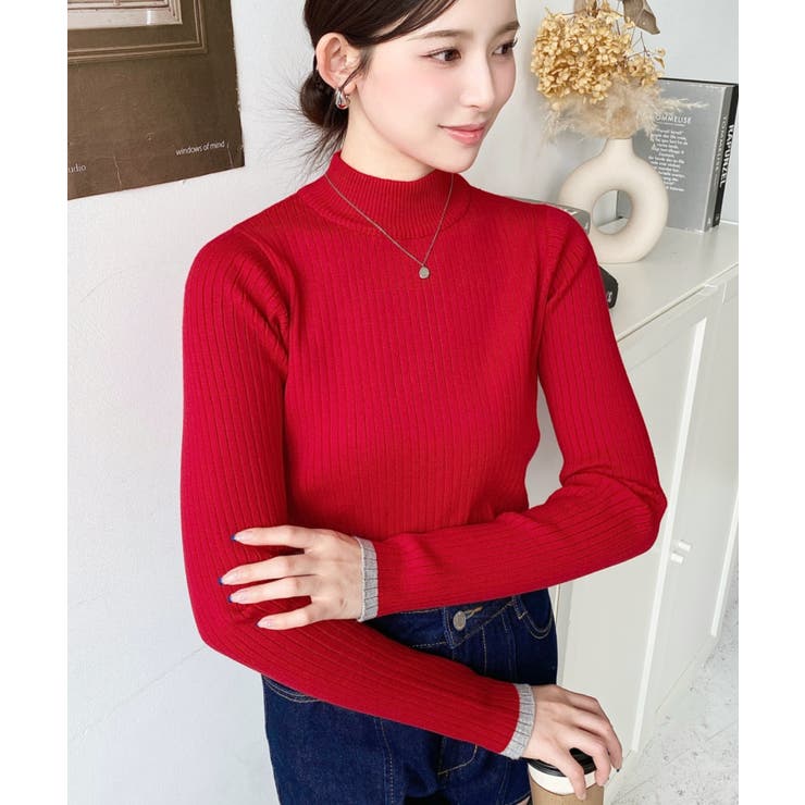 ボトルネック配色ラインワイドリブニットプルオーバー12G | moment+ | 詳細画像73 