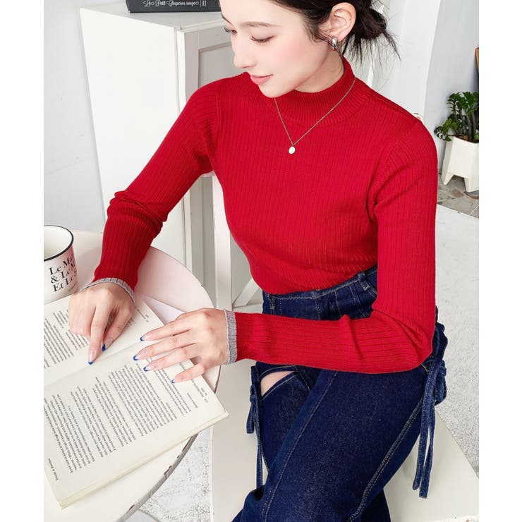 ボトルネック配色ラインワイドリブニットプルオーバー12G | moment+ | 詳細画像74 