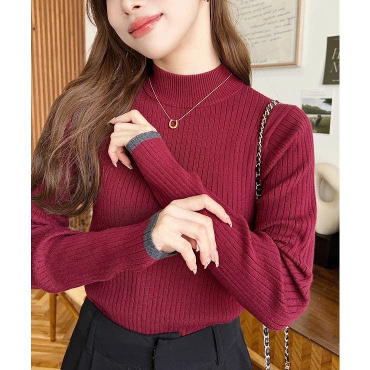 ボトルネック配色ラインワイドリブニットプルオーバー12G | moment+ | 詳細画像76 