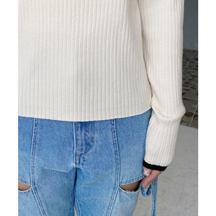 ボトルネック配色ラインワイドリブニットプルオーバー12G | moment+ | 詳細画像8 