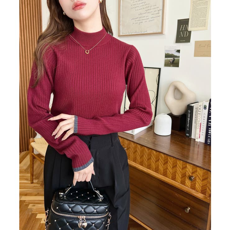 ボトルネック配色ラインワイドリブニットプルオーバー12G | moment+ | 詳細画像77 