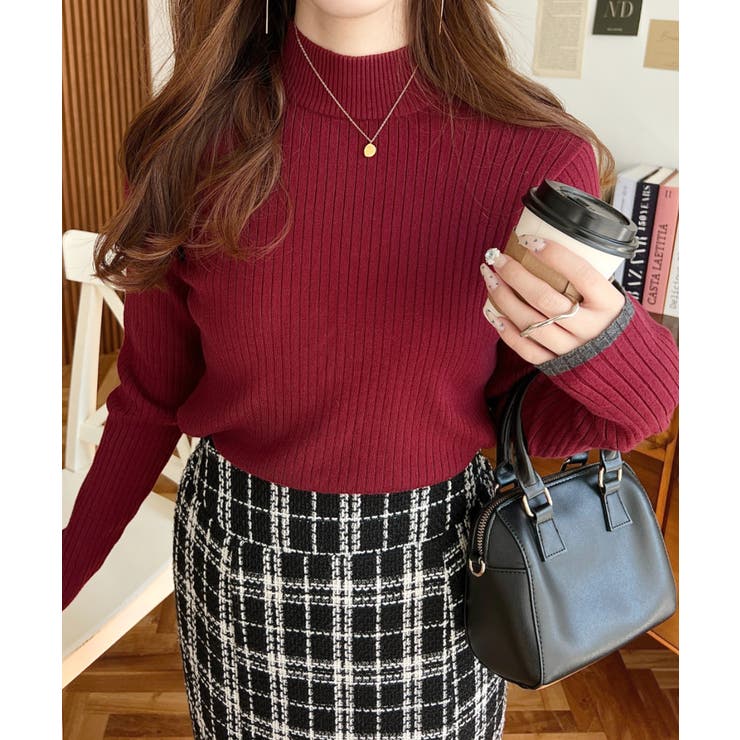 ボトルネック配色ラインワイドリブニットプルオーバー12G | moment+ | 詳細画像80 