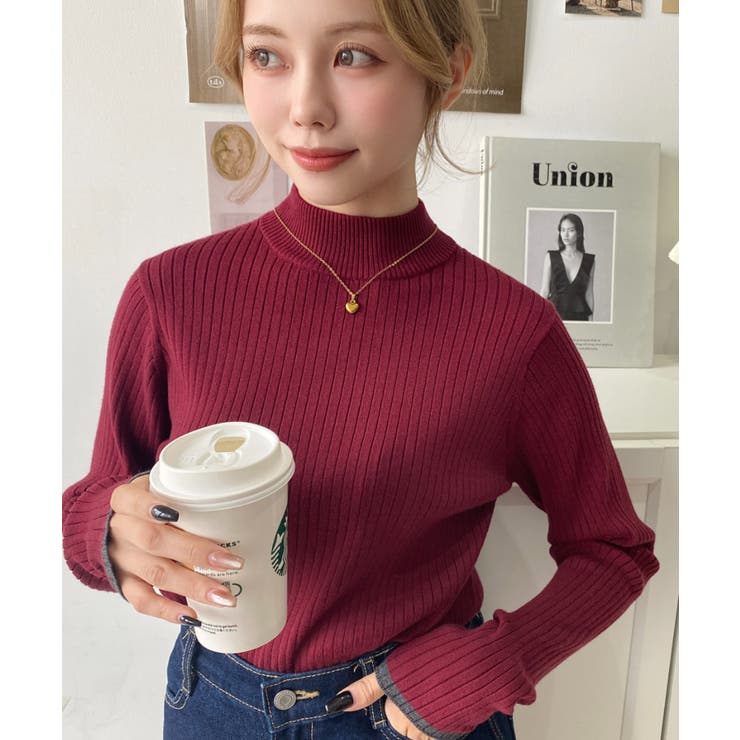 ボトルネック配色ラインワイドリブニットプルオーバー12G | moment+ | 詳細画像81 