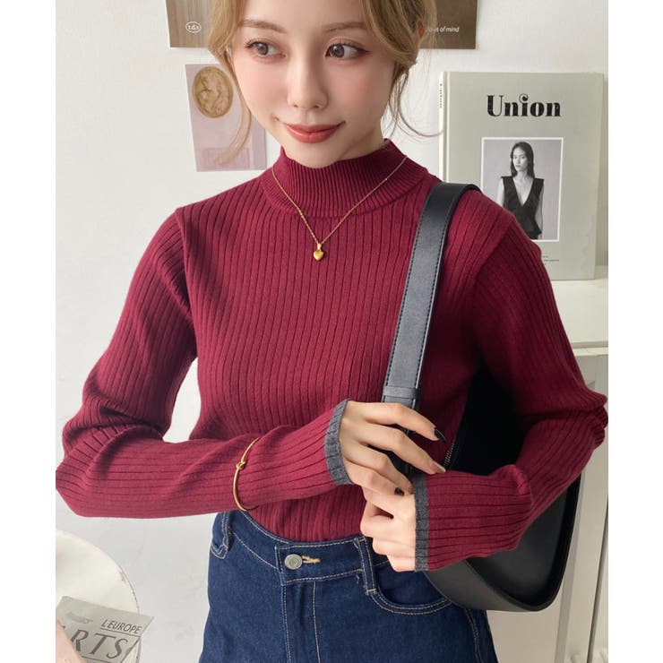 ボトルネック配色ラインワイドリブニットプルオーバー12G | moment+ | 詳細画像83 