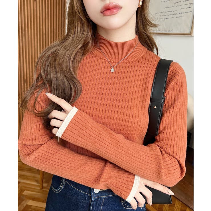 ボトルネック配色ラインワイドリブニットプルオーバー12G | moment+ | 詳細画像84 