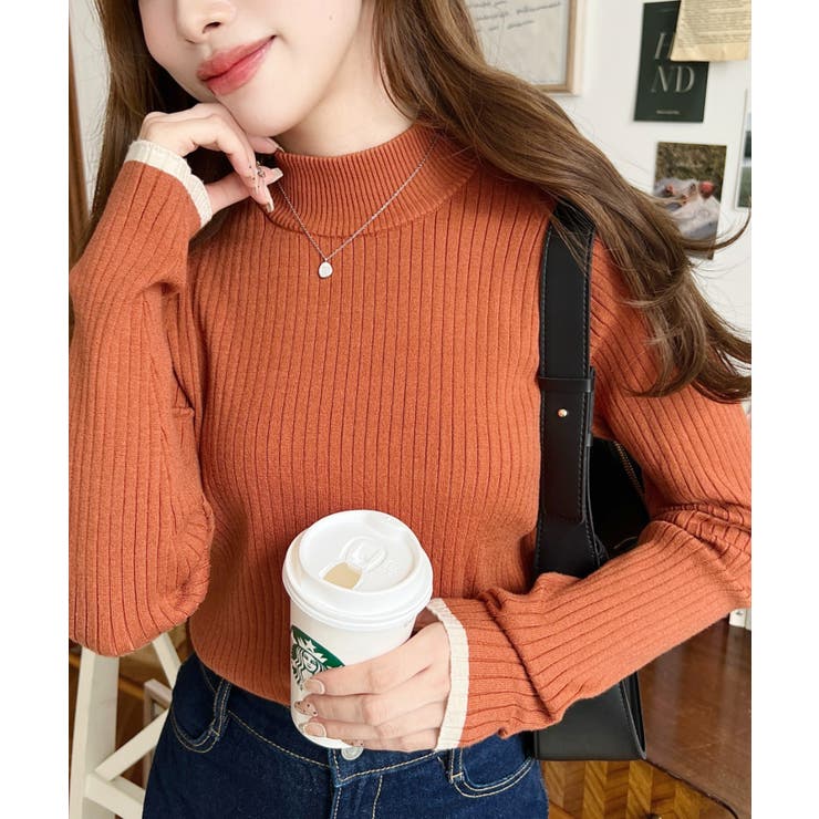 ボトルネック配色ラインワイドリブニットプルオーバー12G | moment+ | 詳細画像85 