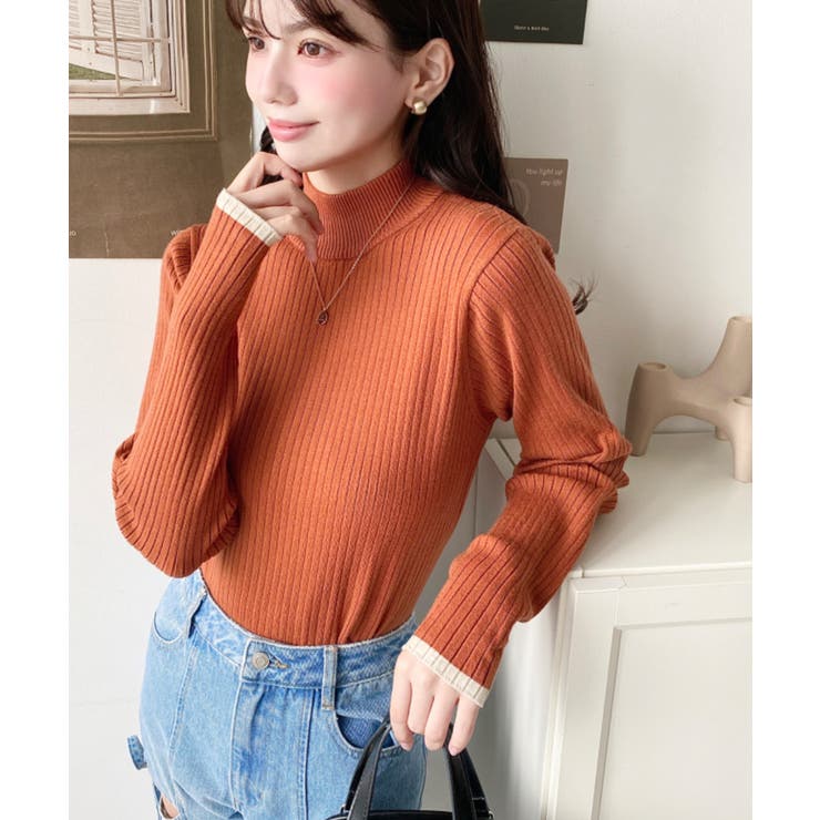 ボトルネック配色ラインワイドリブニットプルオーバー12G | moment+ | 詳細画像88 