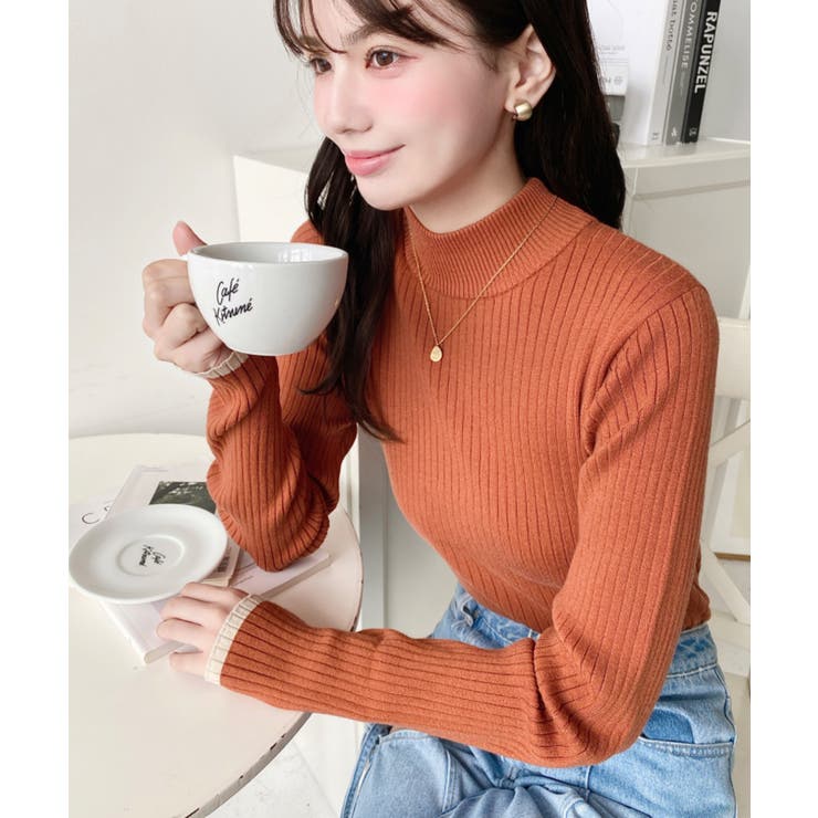 ボトルネック配色ラインワイドリブニットプルオーバー12G | moment+ | 詳細画像90 