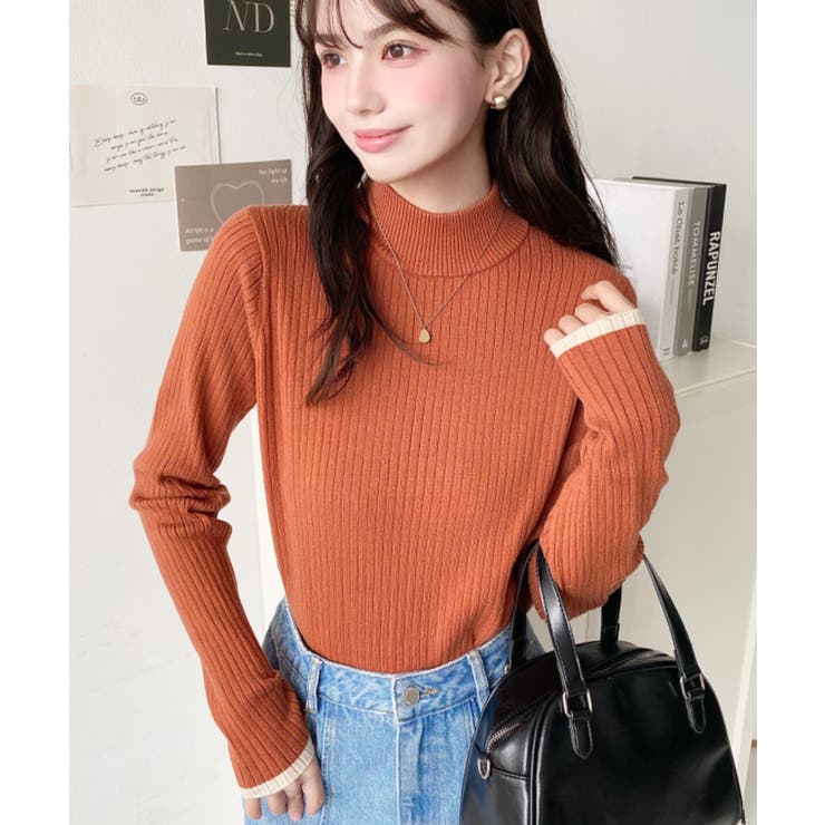 ボトルネック配色ラインワイドリブニットプルオーバー12G | moment+ | 詳細画像91 