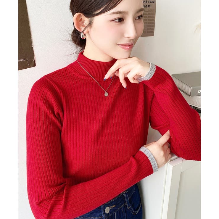 レッド | ボトルネック配色ラインワイドリブニットプルオーバー12G | moment+