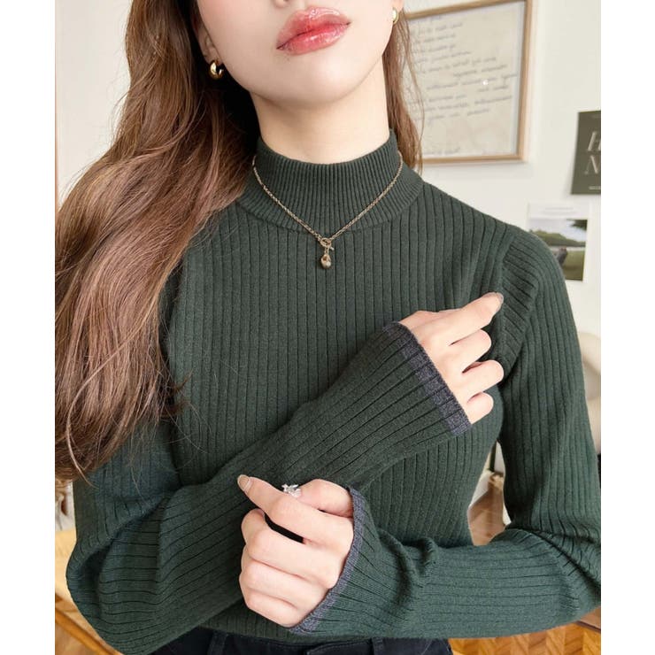 ダークグリーン | ボトルネック配色ラインワイドリブニットプルオーバー12G | moment+