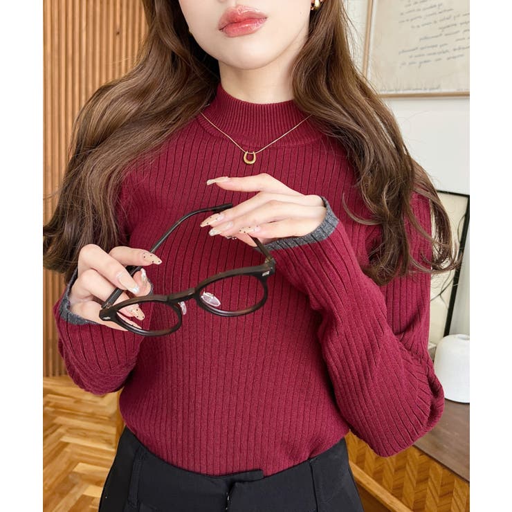 ボルドー | ボトルネック配色ラインワイドリブニットプルオーバー12G | moment+