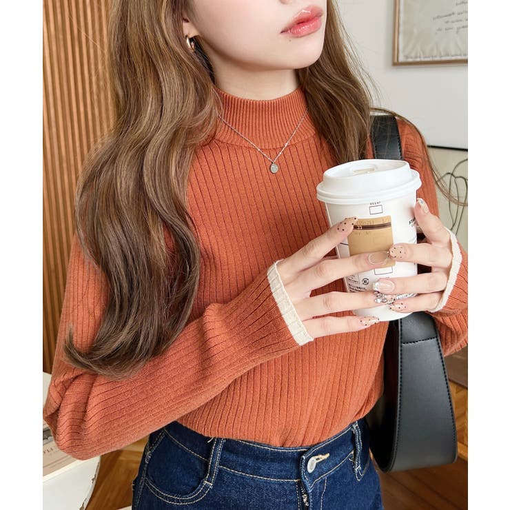 オレンジ | ボトルネック配色ラインワイドリブニットプルオーバー12G | moment+