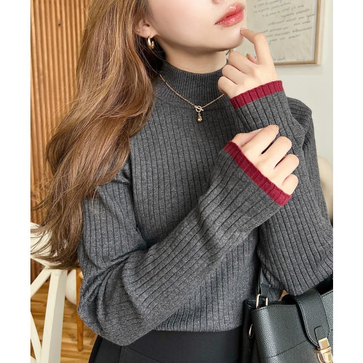 チャコールグレー | ボトルネック配色ラインワイドリブニットプルオーバー12G | moment+